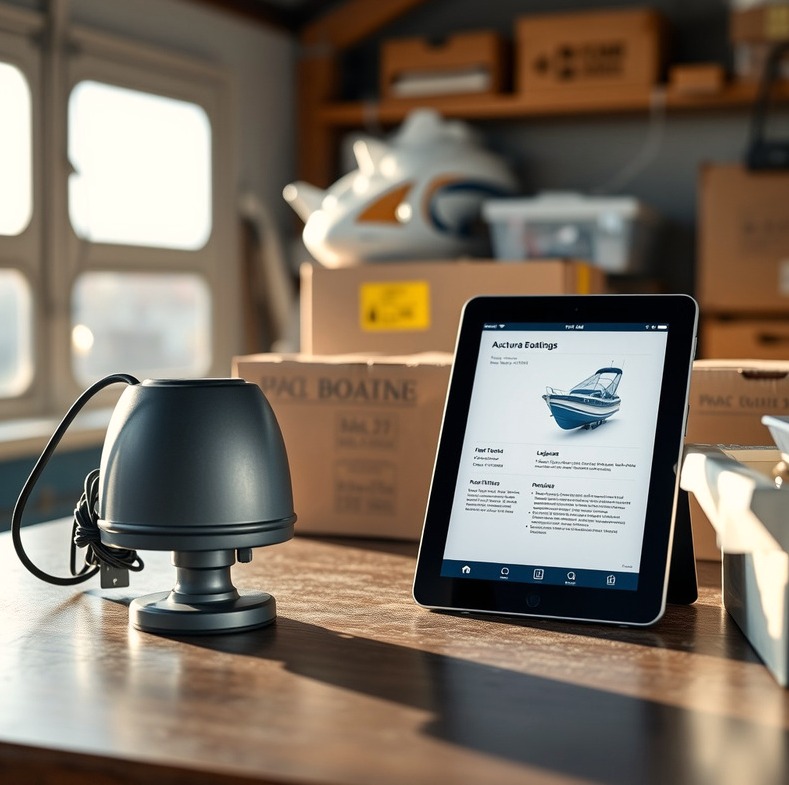 Boating accessory with its product specifications on a tablet at a packing station