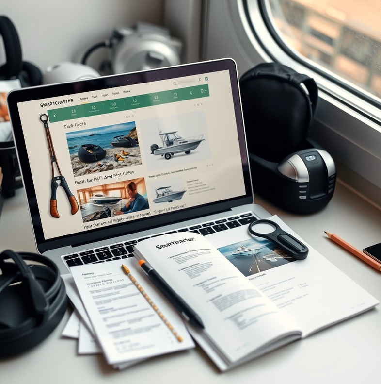 Catalog workspace with boating accessories, measurement notes, and a laptop