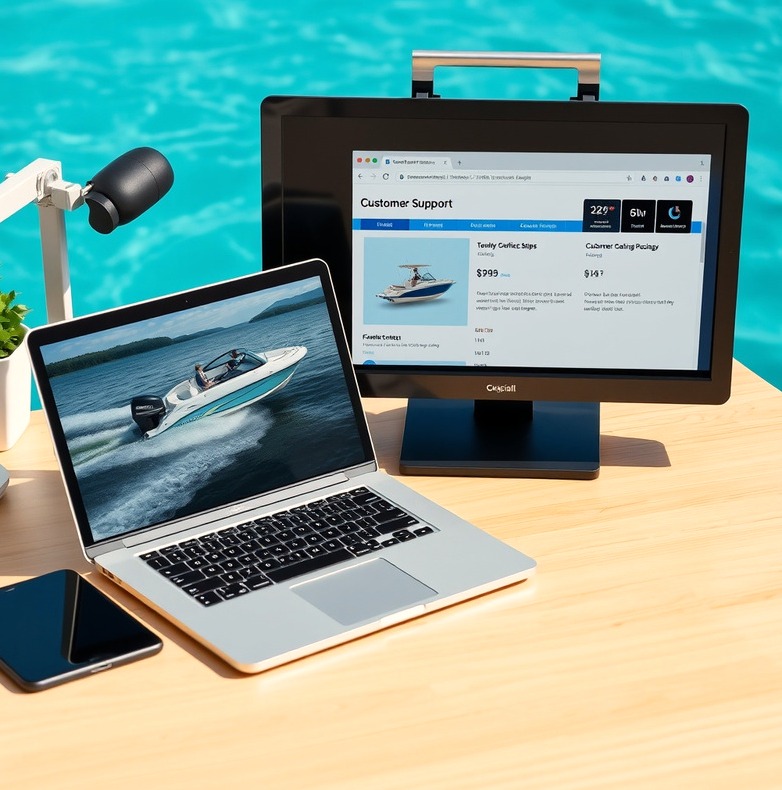 Customer-support desk with a boating product and its listing on a laptop