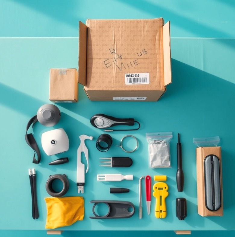 Boating accessories and shipping boxes on a packing table