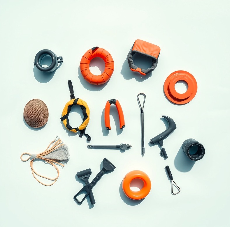 Practical boating accessories grouped on a pale azure surface