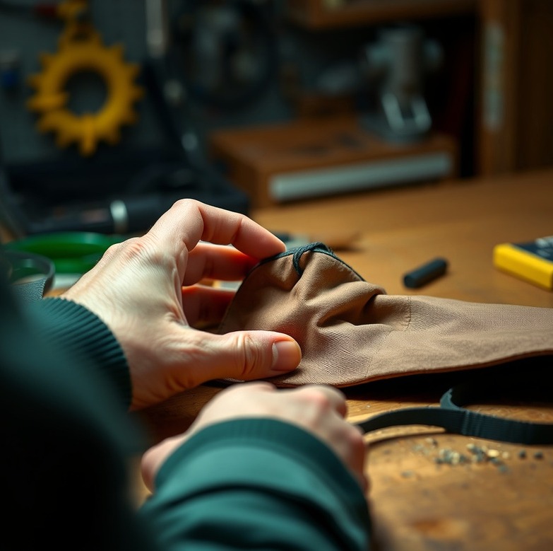 Hands examining the stitching and material of an onboard accessory